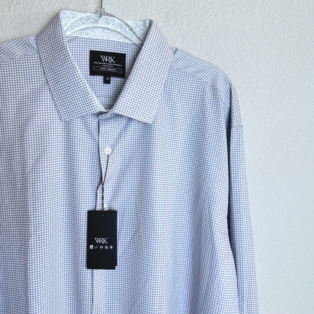 NEW WRK Mens Gingham Long Sleeve‎ Dress Shirt Grey 4-Way Stretch Size 19